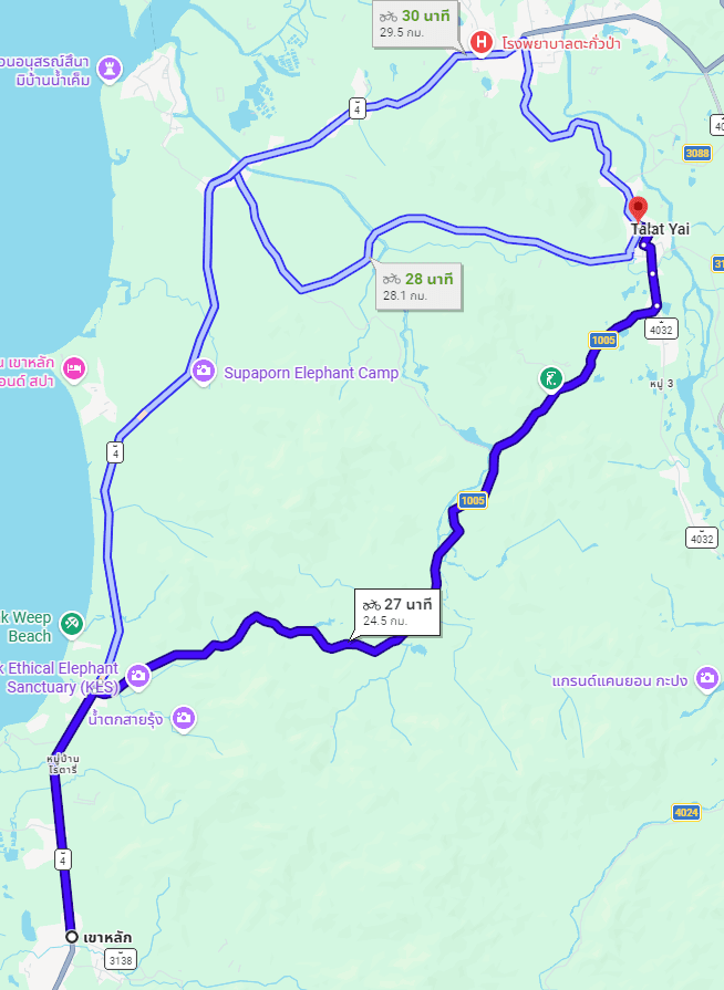 Driving route from Khao Lak to Takua Pa